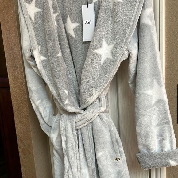 Ugg Grey/White Stars Cozy Fleece Miranda Cozy Fleece Hoodie Belted Wrap Robe NWT - Picture 13 of 17